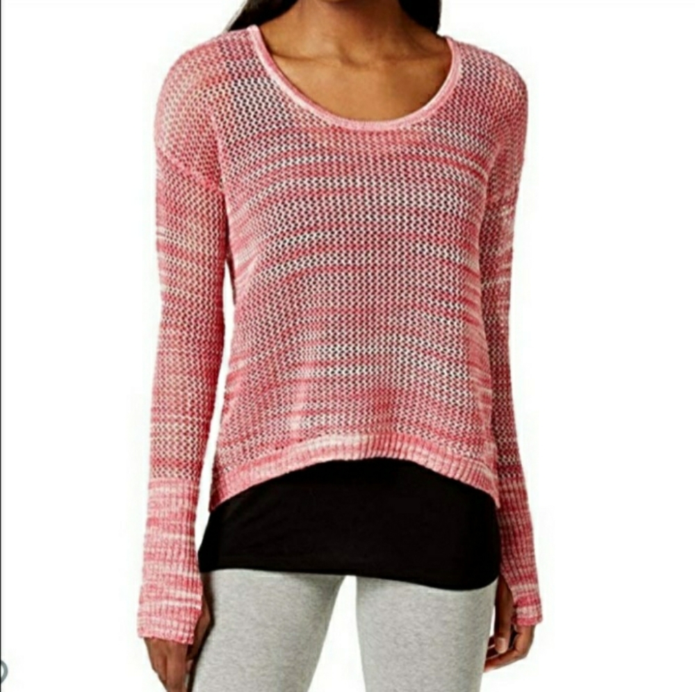 Thumbhole Pink Mesh Crochet Sweater